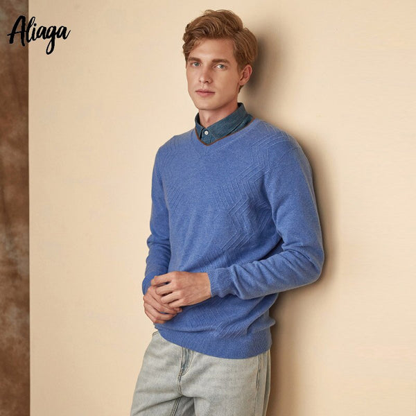 Autumn Winter Mens Knitted Pullovers 100% Goat Cashmere Essential Casual Rib Knitwear Sweaters Large Size V-neck Jumpers Tops