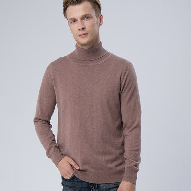 100 Real Cashmere Goat Sweater Men Turtleneck High Collar Knitted Jacket Male Slim Pullover Men Youth Wholesale With Collar