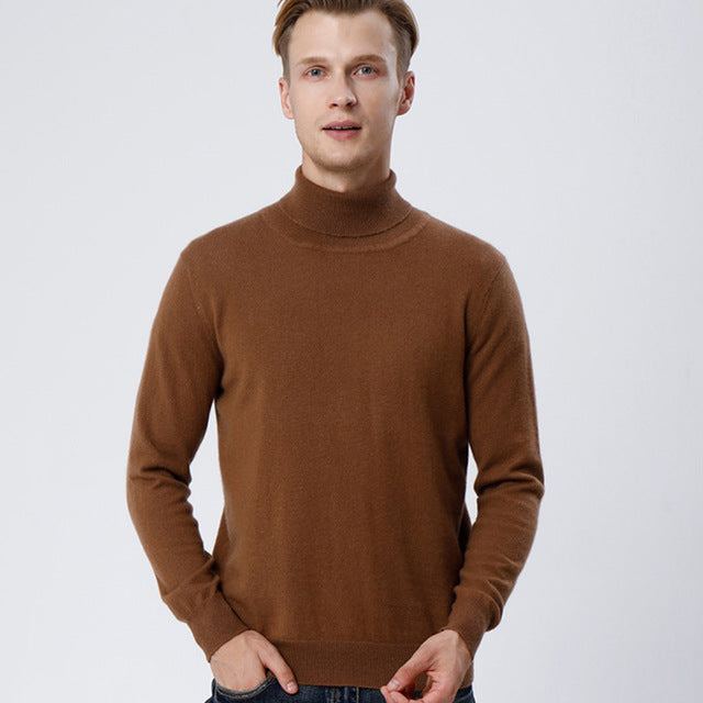 100 Real Cashmere Goat Sweater Men Turtleneck High Collar Knitted Jacket Male Slim Pullover Men Youth Wholesale With Collar