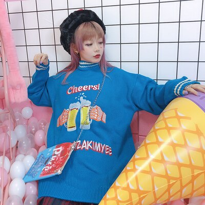 Harajuku High-collar Embroidered Loose Medium and Long Edition Knitted Sweaters for Men and Women