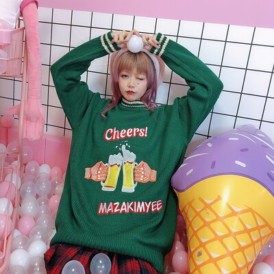 Harajuku High-collar Embroidered Loose Medium and Long Edition Knitted Sweaters for Men and Women