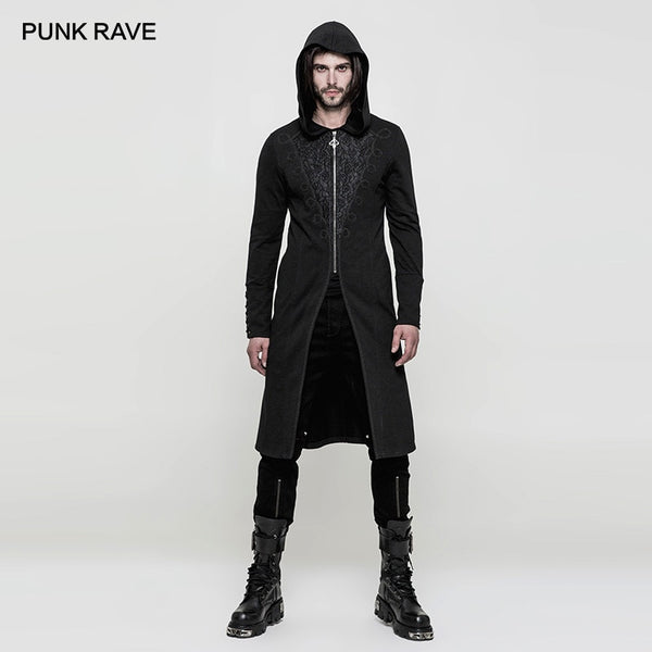 PUNK RAVE Men's Gothic Black Hooded Long Sweater Coat Steampunk Vintage 3D Jacquard Trench Party Club Men Jacket Long Coat Men