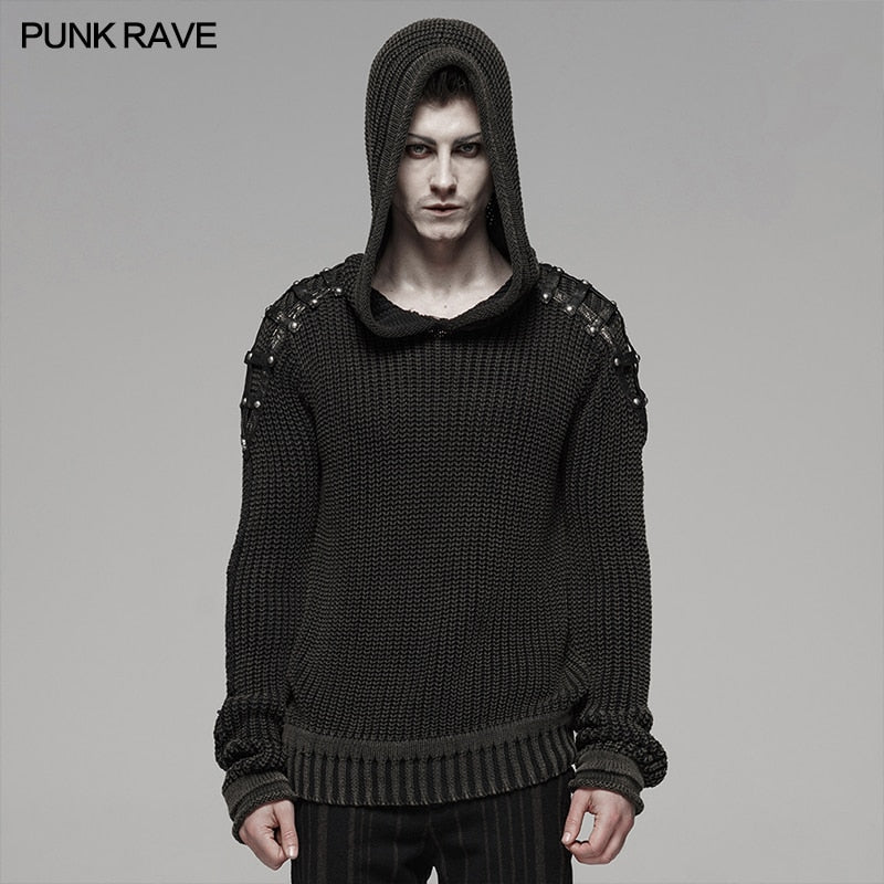 PUNK RAVE Punk Vintage Hooded Black Sweater Steampunk Retro Sweater Halloween Male Casual Fashion Dark Streetwear Pullovers
