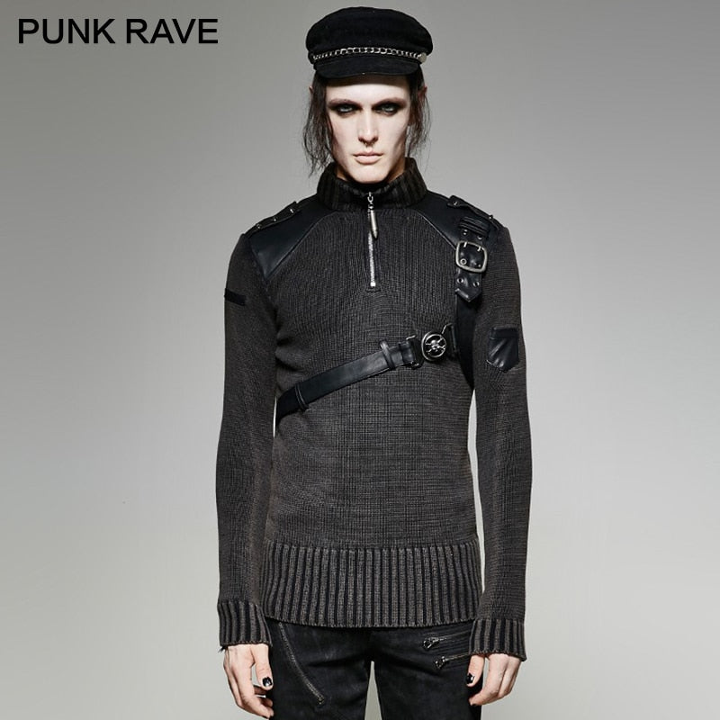 PUNK RAVE Heavy Punk Style Autumn Winter Studded Pullover Leather Sweater Black Men Steampunk Good-fitting Retro Military