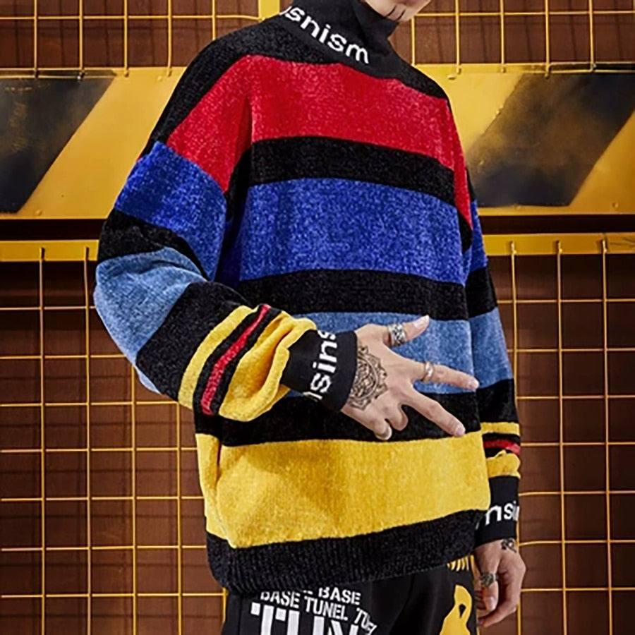 Loose Top Rainbow Stripes Sweater Knitted Trendy Pullover Men Sweater Turtleneck Winter Oversized Mens Christmas Sweater Clothes