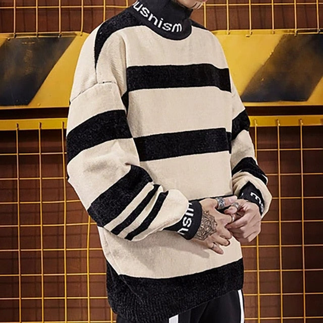 Loose Top Rainbow Stripes Sweater Knitted Trendy Pullover Men Sweater Turtleneck Winter Oversized Mens Christmas Sweater Clothes