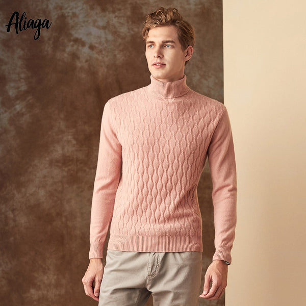 Ribbed Knit Sweater Men 100% Pure Cashmere Pullover Christmas Sweater Mens Warm Fashion Pink Jumpers Turtleneck Outerwear 2019