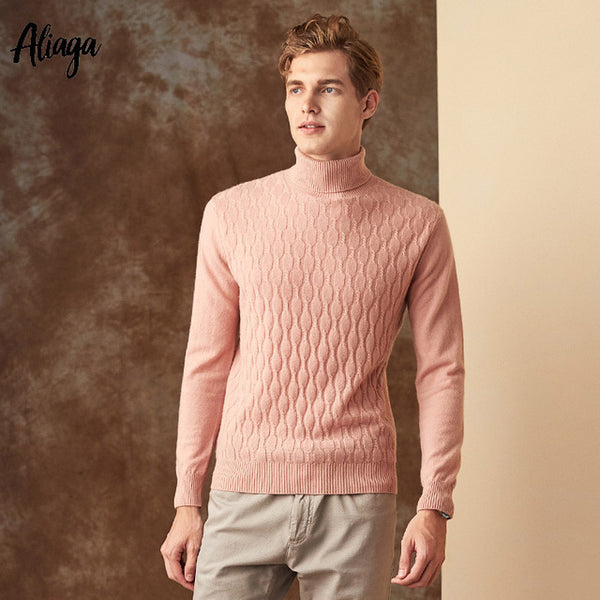 Ribbed Knit Sweater Men 100% Pure Cashmere Pullover Christmas Sweater Mens Warm Fashion Pink Jumpers Turtleneck Outerwear 2019