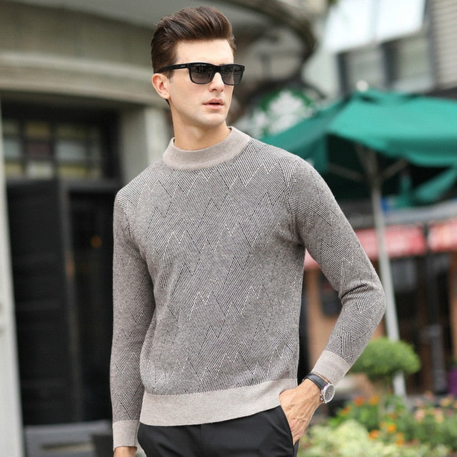 Mens Wool Sweaters2019Autumn And Winter New Casual Striped Round Neck Wool Sweater Men'S Slim Solid Color Head Men Warm Sweater