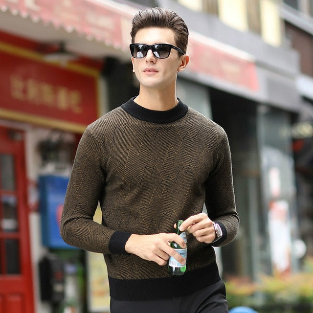 Mens Wool Sweaters2019Autumn And Winter New Casual Striped Round Neck Wool Sweater Men'S Slim Solid Color Head Men Warm Sweater