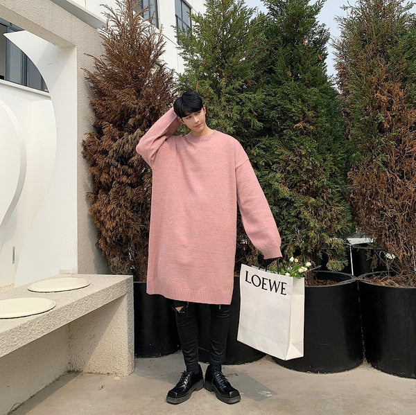 Men Fashion Hip Hop Chic Knitted Thick Pink Dress Sweater Autumn Winter Male Streetwear Loose Casual Pullovers Long Sweater