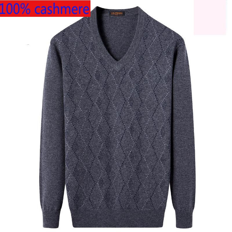 New Fashion Autumn Winter 100% Cashmere Sweater Men Coat Plaid Thickened Casual Computer Knitted V-neck plus size XSSMLXL2XL3XL