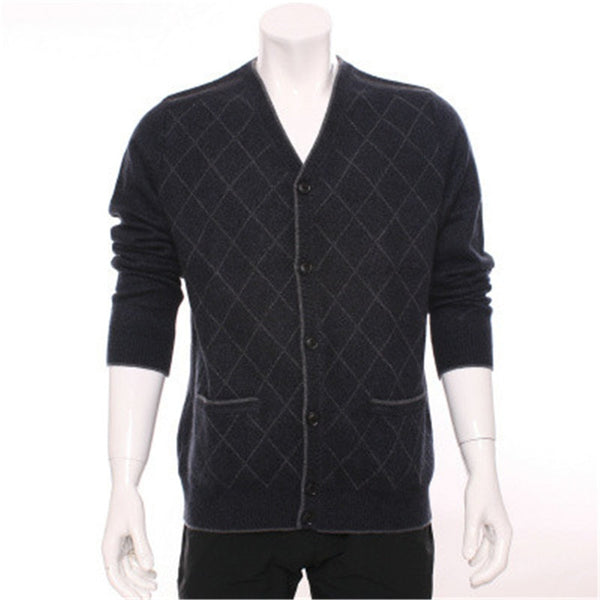 top grade 100%goat cashmere argyle thick knit men fashion single breasted cardigan sweater H-straight dark blue 3color S/2XL