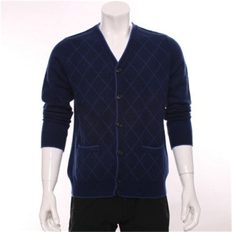 top grade 100%goat cashmere argyle thick knit men fashion single breasted cardigan sweater H-straight dark blue 3color S/2XL