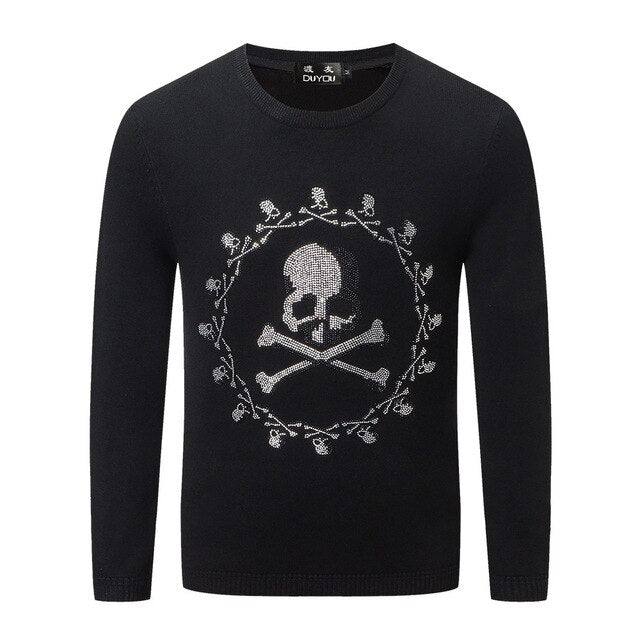 DUYOU Autumn Men's Fashion Trend Comfortable Cotton Rhinestone Ring Skull Casual Sweater top Menswear 2019 Male Sweater