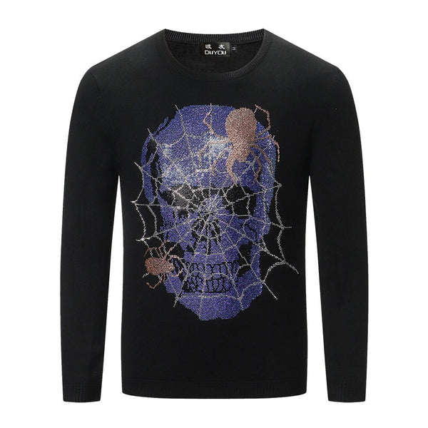 DUYOU Autumn Men's Fashion Trend Comfortable Cotton Rhinestone Spider Web Skull Casual Sweater top Menswear 2019 Male Sweater