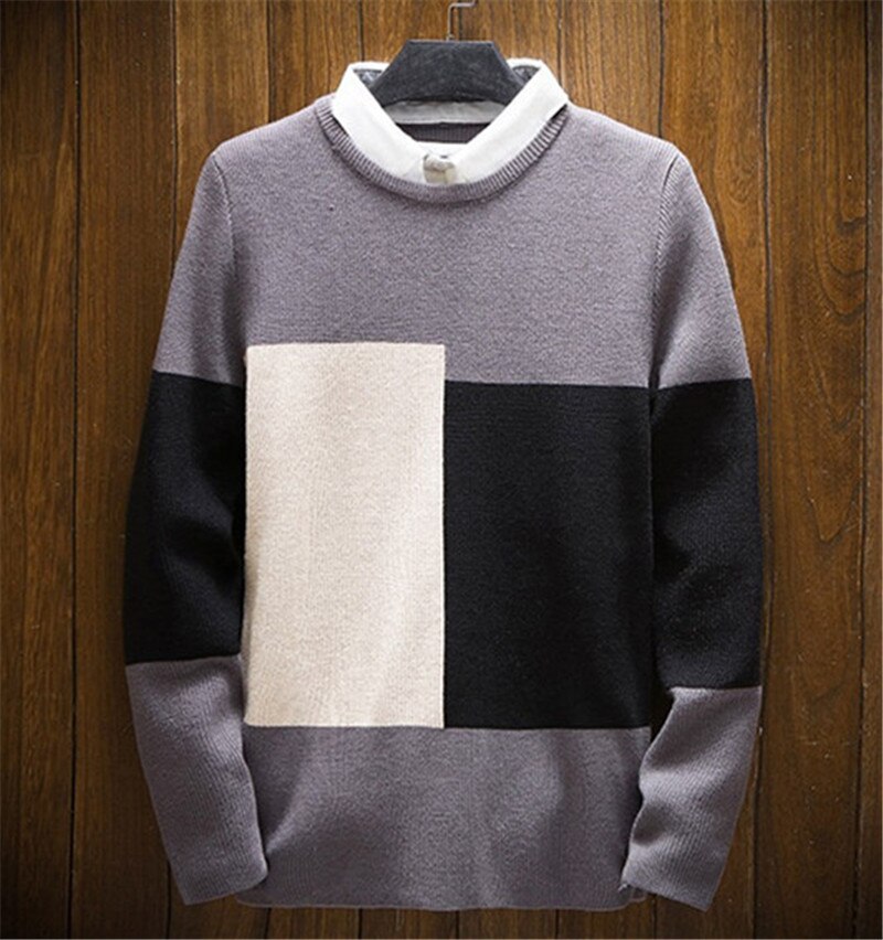 Fake Two Piece Mens Sweaters Winter Long Sleeve O Neck Mens Sweaters Casual Warm Male Tops