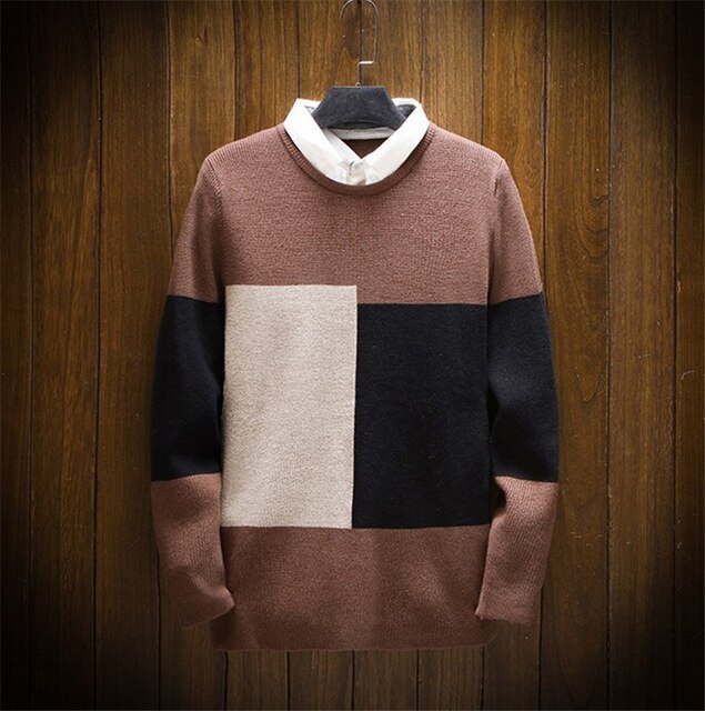 Fake Two Piece Mens Sweaters Winter Long Sleeve O Neck Mens Sweaters Casual Warm Male Tops
