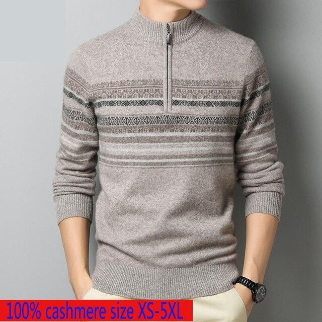 New High Quality Winter 100% Cashmere Zipper Half High Collar Men Thickened Computer Knitted Striped Sweater Plus Size XS-4XL5XL