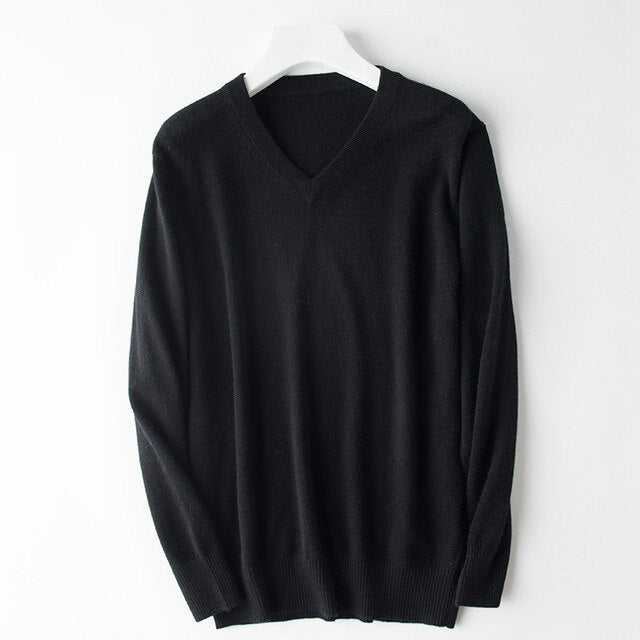 HOT! 2019 Basic Sweaters Men's 100% Cashmere Knitted Sweater V-neck Solid Color Male Pullovers Flat-knit Autumn Winter Must Buy
