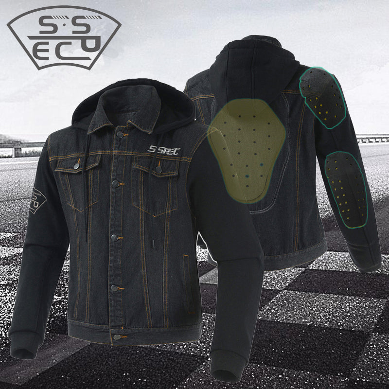 SSPEC Mens Denim Motorcycle Jacket Off-Road Racing Hoodies Motorbike Motorcross Protective Gear Fashion Casual Sweater Jacket