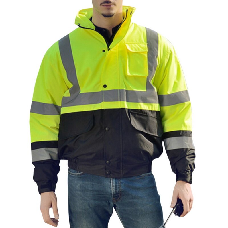 Loozykit Men Jacket High Visibility Pullover Insulated Safety reflective strip hooded Sweatshirt Coat Slim Zipper Hoodie sweater