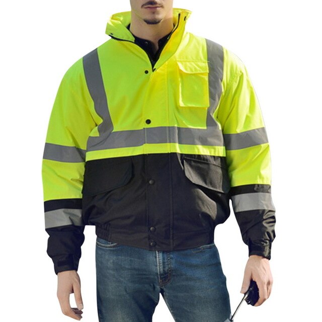 Loozykit Men Jacket High Visibility Pullover Insulated Safety reflective strip hooded Sweatshirt Coat Slim Zipper Hoodie sweater