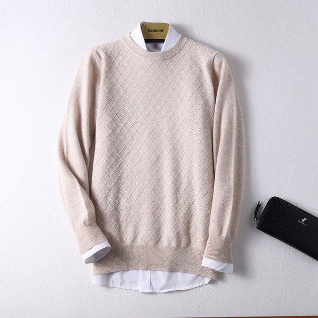 Sparsil Men 100% Cashmere Sweater O-Neck Geometric Pattern Warm Pullovers Full Sleeve Solid Color Jumpers Boys