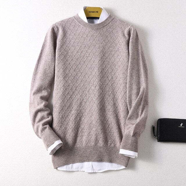 Sparsil Men 100% Cashmere Sweater O-Neck Geometric Pattern Warm Pullovers Full Sleeve Solid Color Jumpers Boys