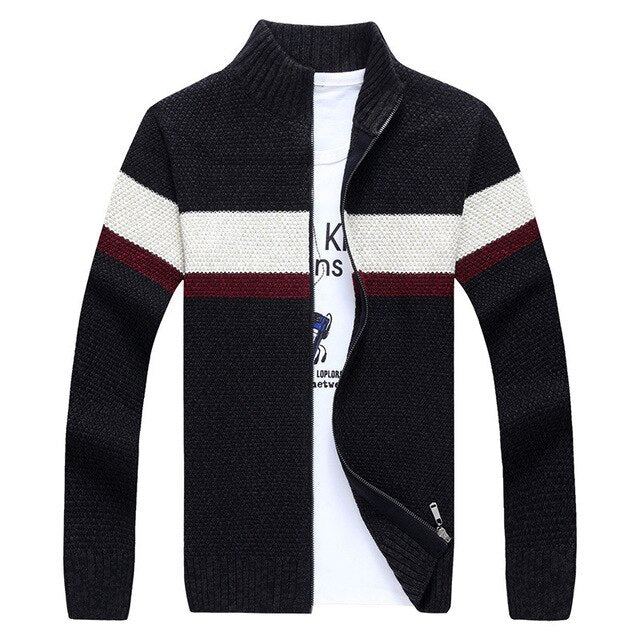 Fashion Sweater Men Patchwork Striped Cardigan Men Casual Stand Collar Long Sleeves Autumn Men Sweater Hombre Mens Cardigan