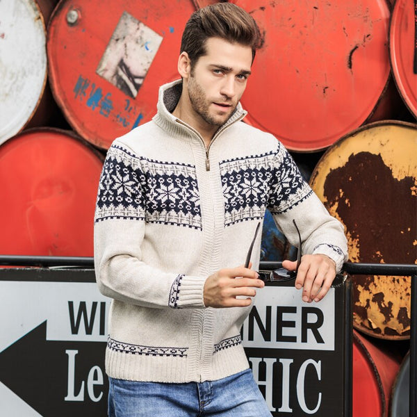 Fashion Print Sweater Men Autumn Cardigan Men Casual Zipper Collar Slim Fit Turtleneck Men Warm Knitted Wear Mens Sweater