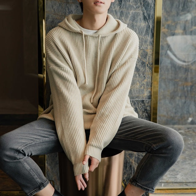 EWQ / 2019 New Fashion Autumn Winter Hooded Collar Drawstring Pullovers Men Loose Casual Japanese Version Knitting Sweater 9A067