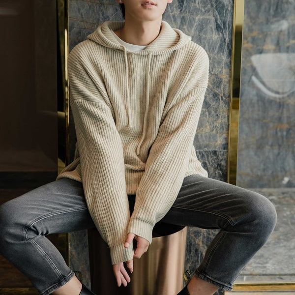 EWQ / 2019 New Fashion Autumn Winter Hooded Collar Drawstring Pullovers Men Loose Casual Japanese Version Knitting Sweater 9A067