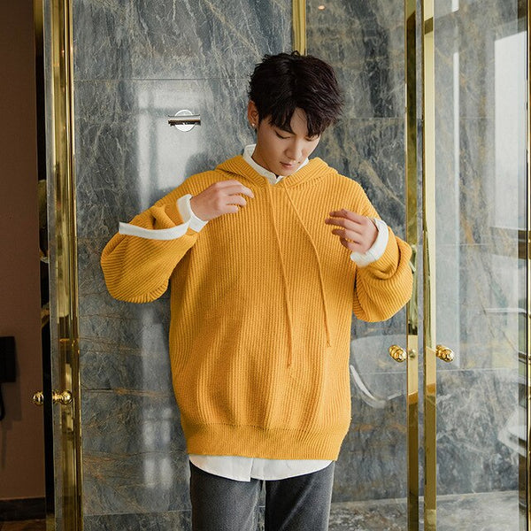 EWQ / 2019 New Fashion Autumn Winter Hooded Collar Drawstring Pullovers Men Loose Casual Japanese Version Knitting Sweater 9A067