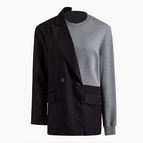 EWQ / 2019 New Fashion Autumn Suit Stitching Asymmetric Sweater Men Round Collar Long Sleeve Contract Color Loose Casual 9A339