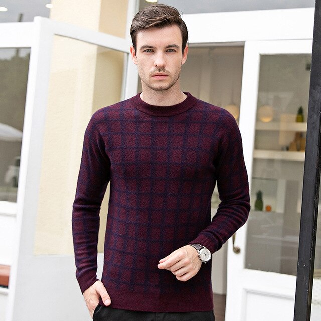2019 New Mens 100% wool Sweaters Autumn plaid Pullover long Sleeve O-neck Casual Men Winter thicken Jumper