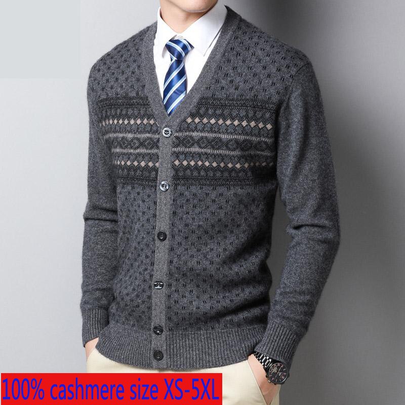 New High Quality 100% Cashmere Men Cardigan Thickened Autumn Winter Casual V-neck Computer Knitted Sweater Plus Size XS-3XL4XL