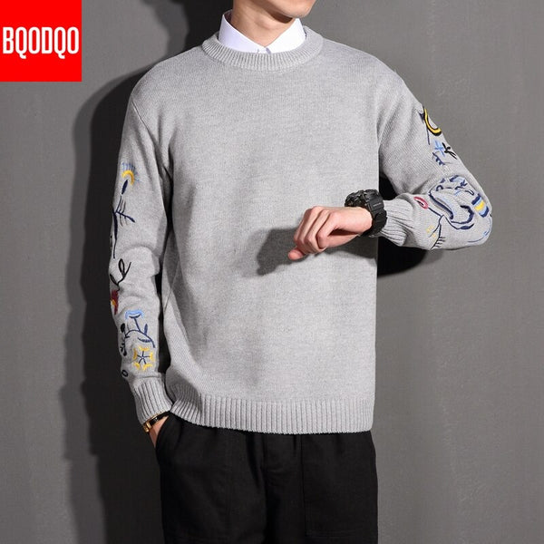 Japanese O-Neck Sweaters Fashion Embroidery Autumn Winter Blue Knitted Jumper Sweater Men Army High Street Casual Mens Pullovers
