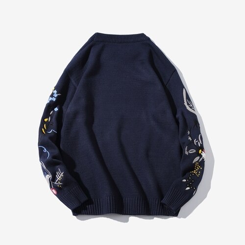 Japanese O-Neck Sweaters Fashion Embroidery Autumn Winter Blue Knitted Jumper Sweater Men Army High Street Casual Mens Pullovers