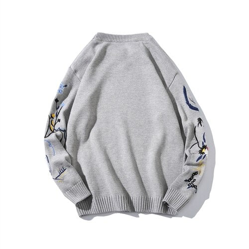 Japanese O-Neck Sweaters Fashion Embroidery Autumn Winter Blue Knitted Jumper Sweater Men Army High Street Casual Mens Pullovers