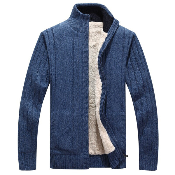 Men sweater thick zipper 2019 new winter male plus velvet thermal sweater teenage boys knitted cardigan coat black blue gray M34