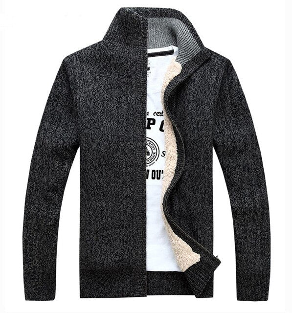 Men sweater thick zipper 2019 new winter male plus velvet thermal sweater teenage boys knitted cardigan coat black blue gray M34