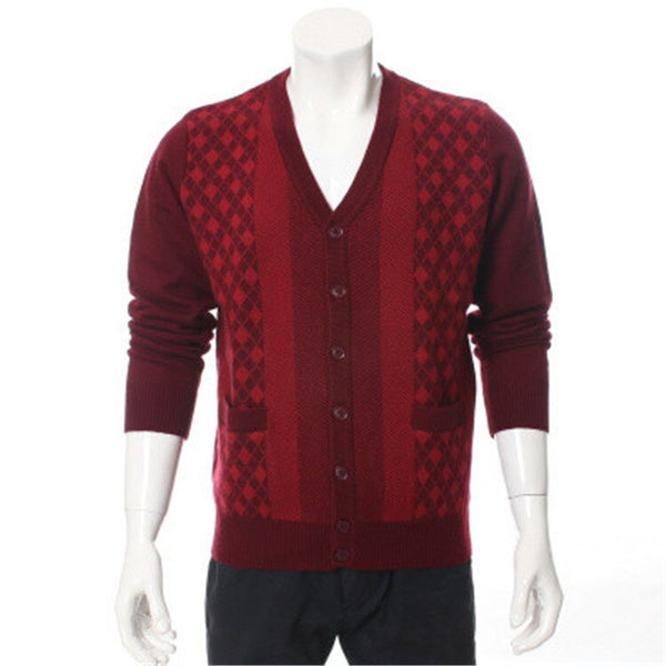 100%goat cashmere jacquard thick knit men fashion plaid v-neck single breasted cardigan sweater grey 3color S-2XL