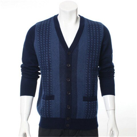 100%goat cashmere jacquard thick knit men fashion plaid v-neck single breasted cardigan sweater grey 3color S-2XL
