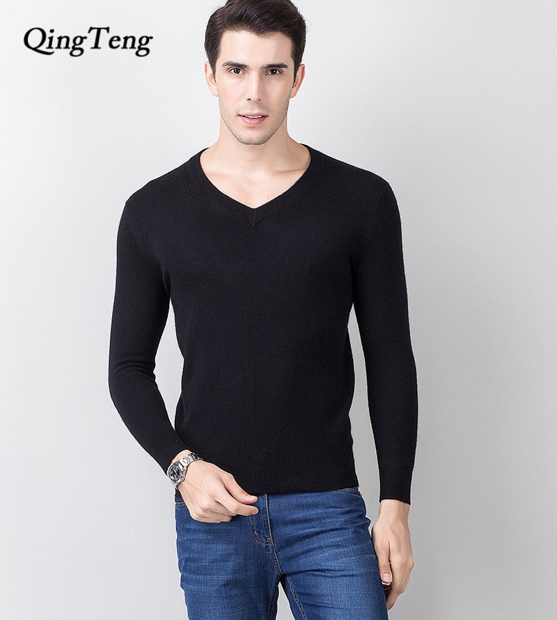 Cashmere 100 Real Sweater Men Casual V-Neck Pullover Men Autumn Slim Fit Long Sleeve Shirt Sweaters Knitted Wool Pull Homme