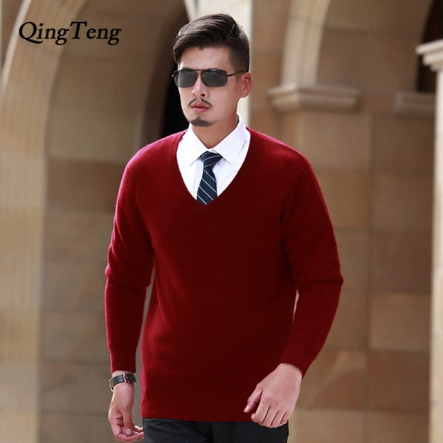 Goat Cashmere 100 Pure Men's Sweater V Neck Slim Men's Pullover Thick Knitted Jacket Male Youth Wholesale Wool Korean Style