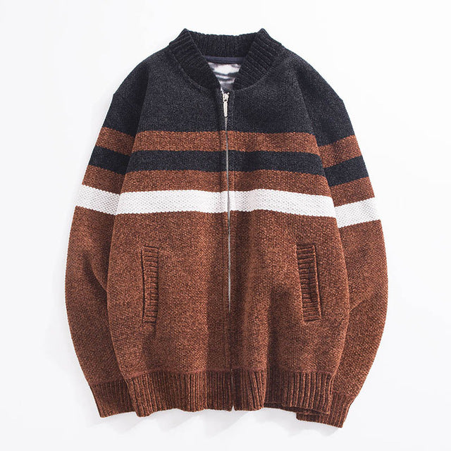 Striped Contrast Thicken Knit Cardigan Jacket Men's Stand Collar Plus Velvet Warm Sweater Men's Jacket