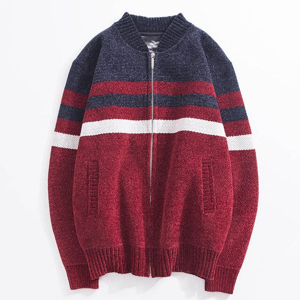 Striped Contrast Thicken Knit Cardigan Jacket Men's Stand Collar Plus Velvet Warm Sweater Men's Jacket