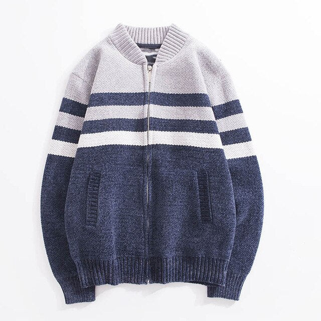 Striped Contrast Thicken Knit Cardigan Jacket Men's Stand Collar Plus Velvet Warm Sweater Men's Jacket