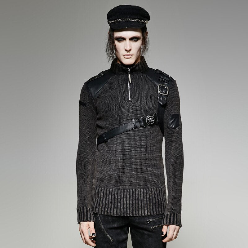 Punk Black Thick Modern Knit Sweater Belt Vintage Cotton Sweater Turtleneck Zippers Strap Black Winter Sweater